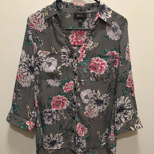 Floral Black Stripe Quarter Length Sleeve Blouse